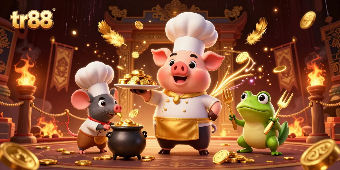 tr88 showcases a vibrant casino scene with chef pig serving gold coins amidst dynamic gaming elements.
