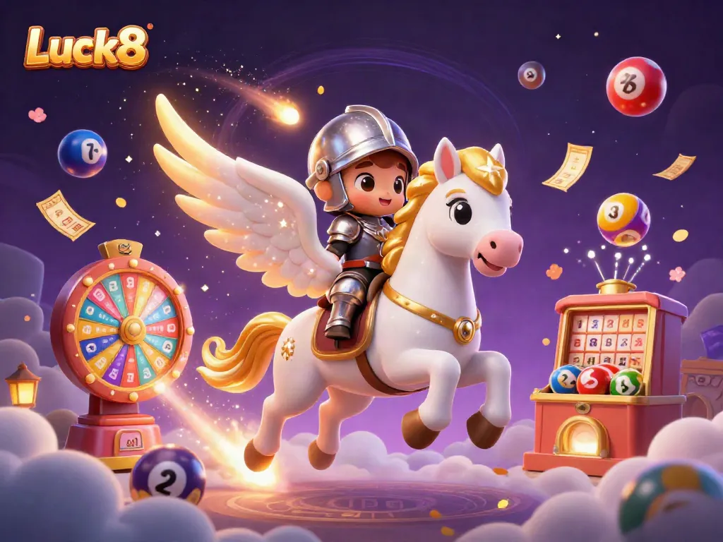 Experience the exciting world of Luck8 with a galloping celestial horse surrounded by vibrant lottery elements.
