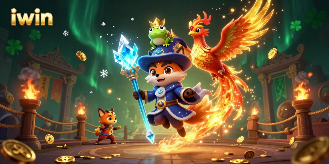Engage with iwin's vibrant casino scene featuring a wizard and phoenix amidst golden sparks.