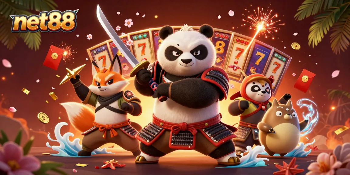 Engage with net88 through a vibrant casino scene featuring a samurai panda, ninja fox, and tanuki.