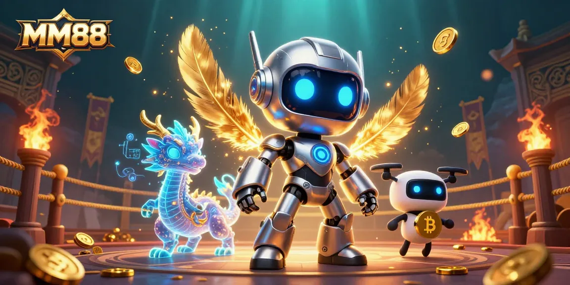 Experience the excitement of MM88 with a vibrant 3D illustration featuring a cyberpunk robot and a holographic dragon.