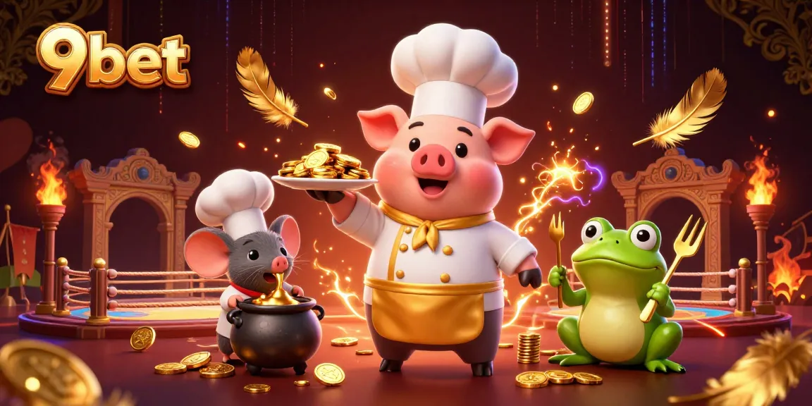 Experience the thrilling 9bet casino ambiance with a cartoon chef pig serving gold coins.