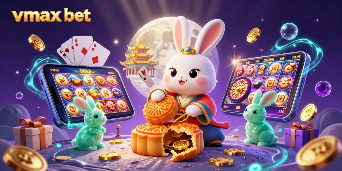 Experience the thrill of vmax bet with a vibrant illustration featuring a moon rabbit surrounded by casino elements.