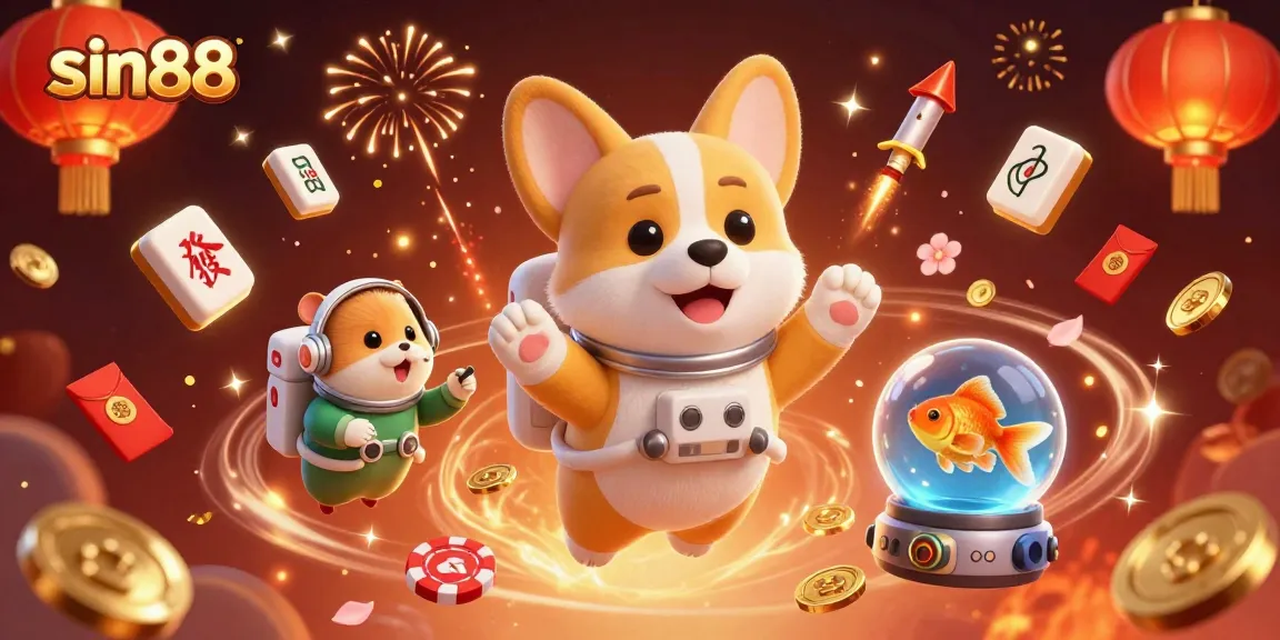Experience thrilling gaming at sin88 with a floating casino scene featuring playful characters and vibrant elements.