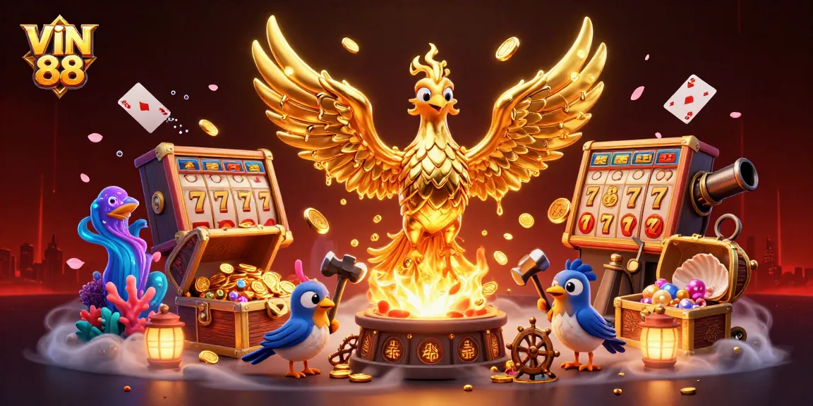 Win big with VIN 88 in a vibrant casino scene featuring golden phoenix and treasure