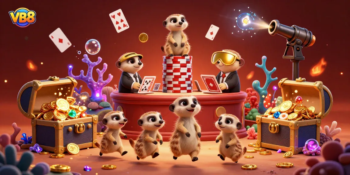 Experience VB8 excitement with meerkats mastering casino games under vibrant underwater treasures and glowing corals.