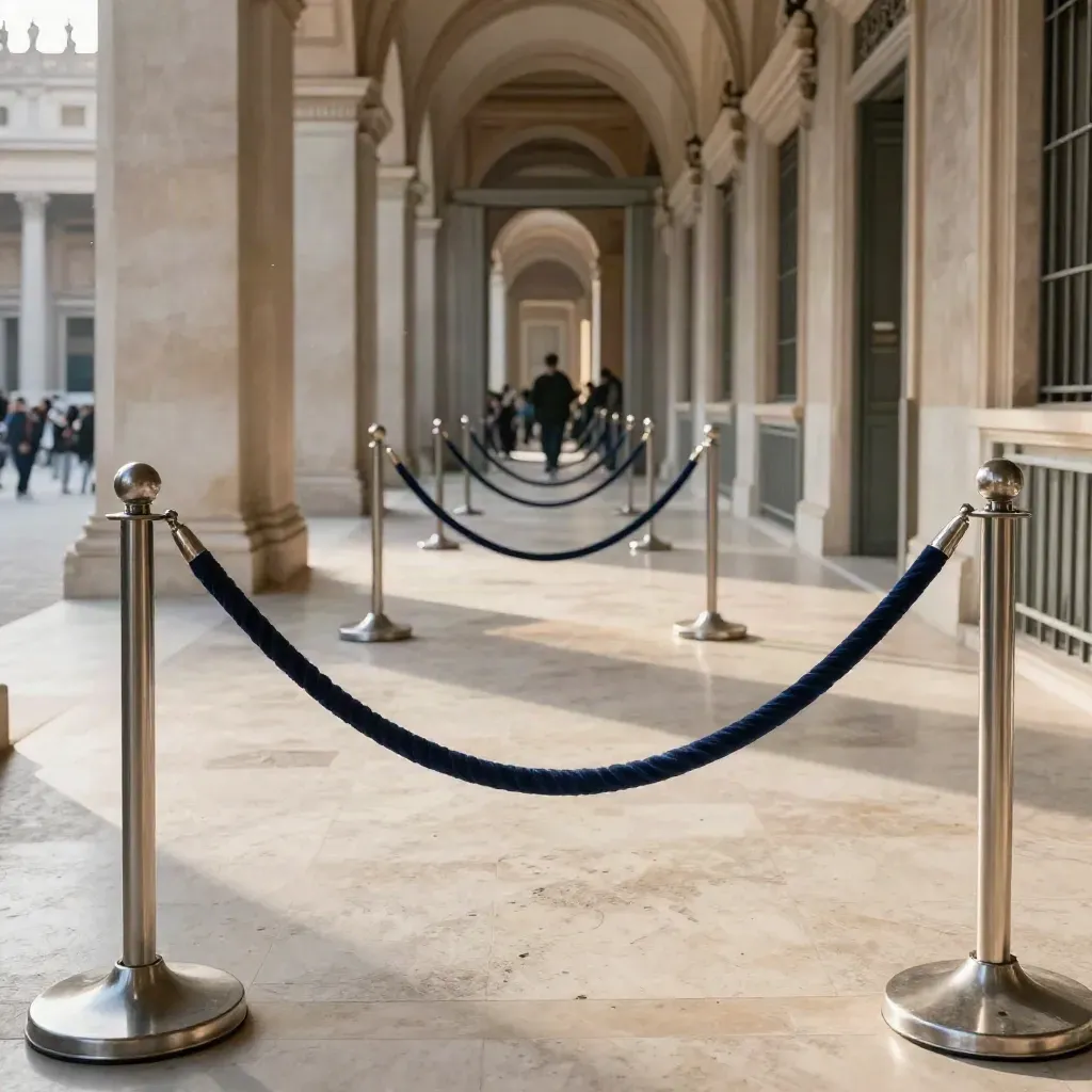 Corsia rapida dei Musei Vaticani con barriere aperte, corde in movimento e marmo chiaro.