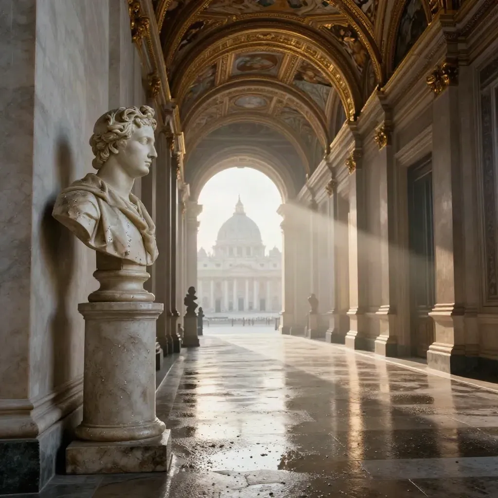 Corridoio dei Musei Vaticani con busto marmoreo, arco dorato e cupola di San Pietro sullo sfondo.