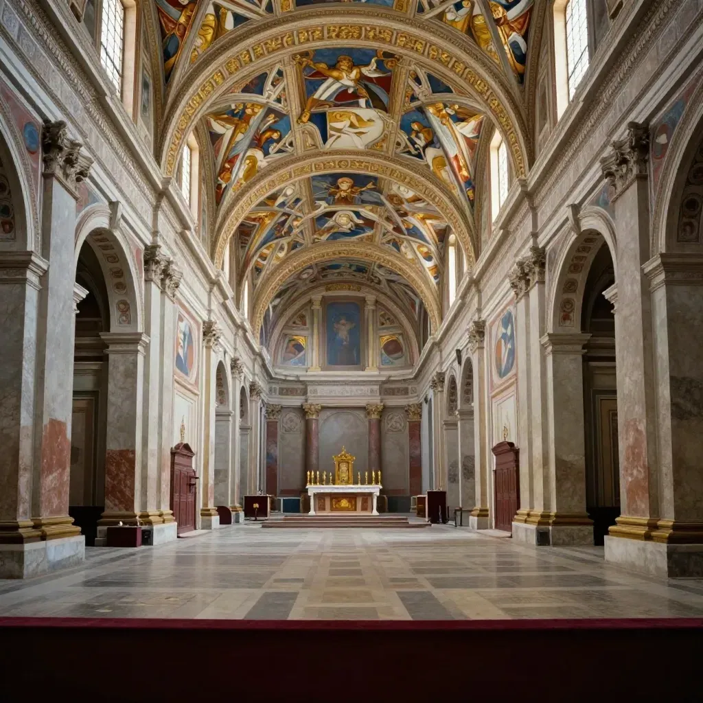 Veduta centrale della Cappella Sistina con volta affrescata e altare lontano, luce soffusa