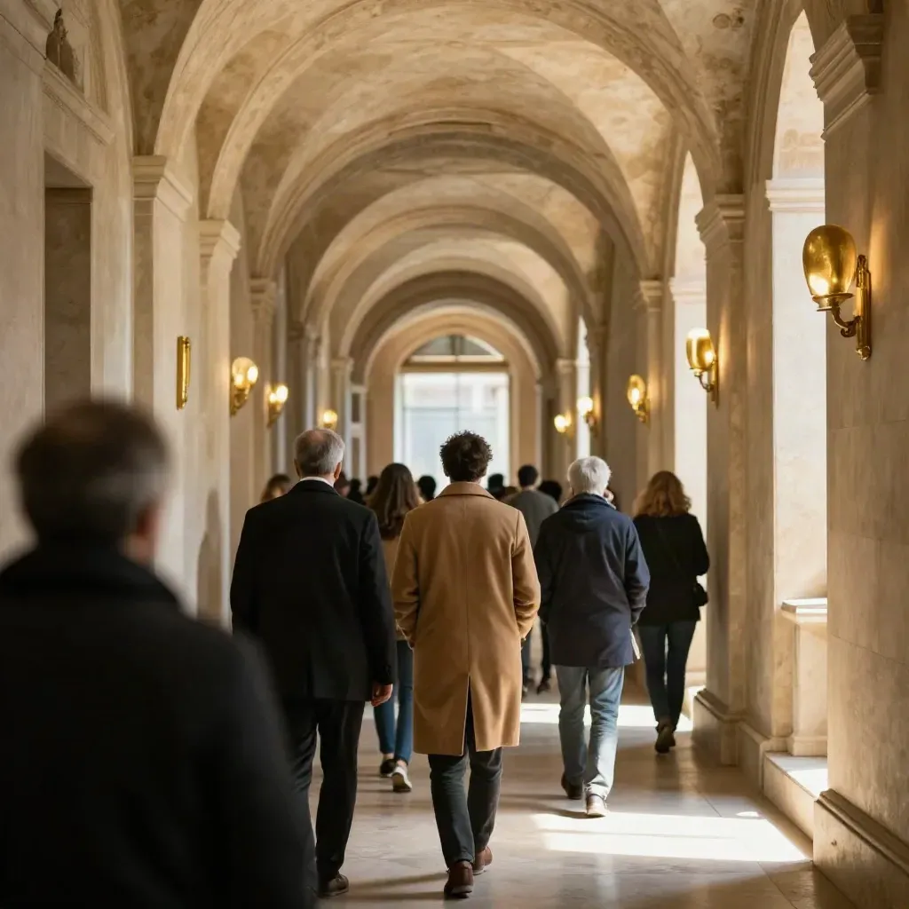 Gruppo di visitatori in fila in un corridoio dei Musei Vaticani, ripresi di spalle.