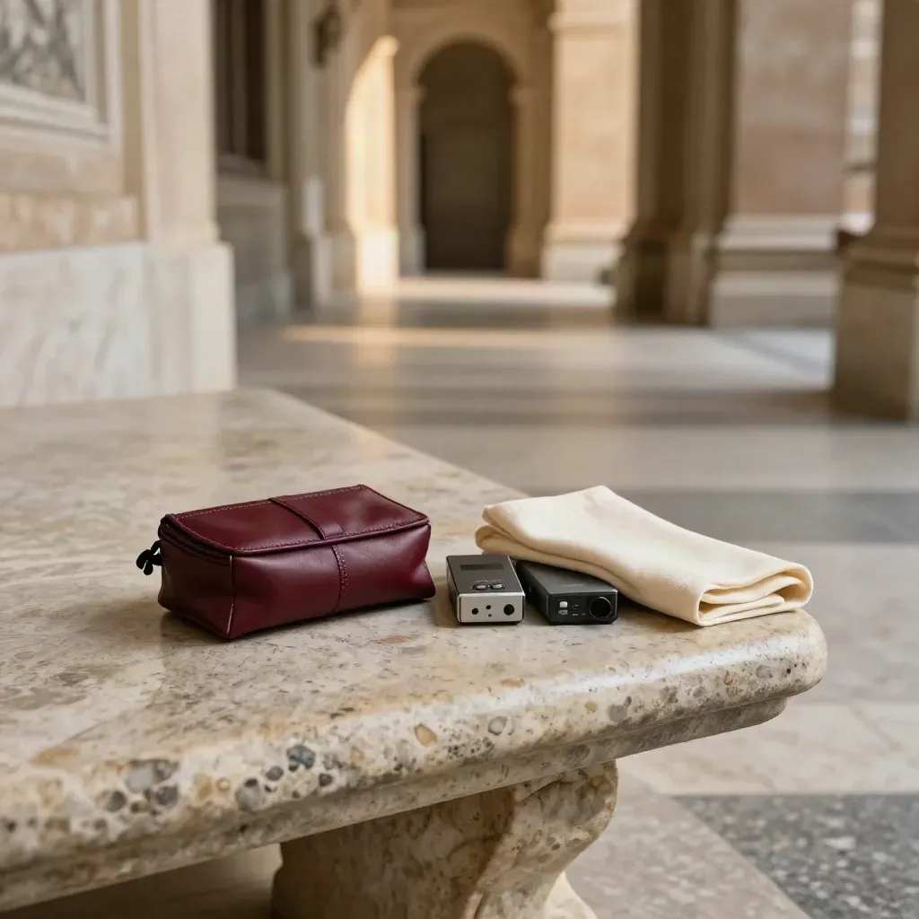 Corridoio laterale del Vaticano con sacca guida, due ricevitori audio e panca di pietra.