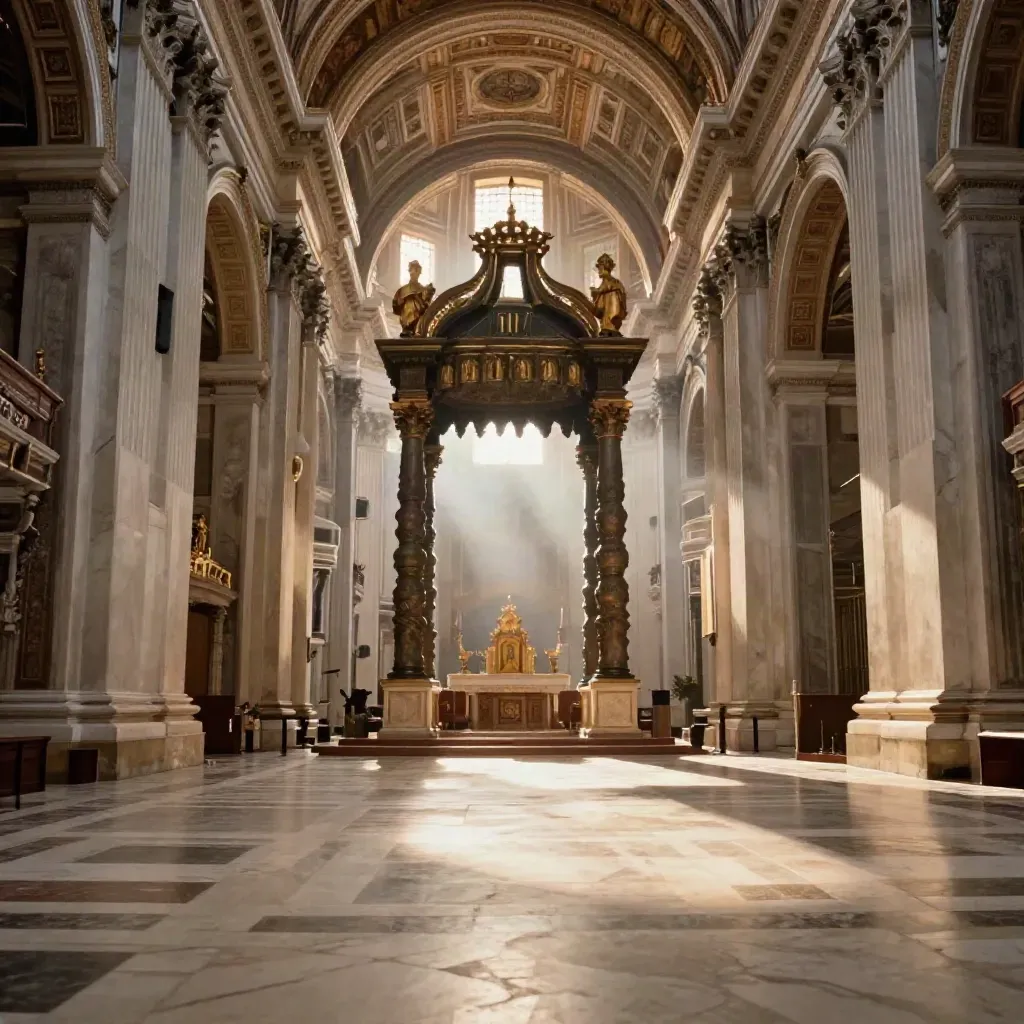 Navata di San Pietro con il Baldacchino, luce calda e atmosfera solenne