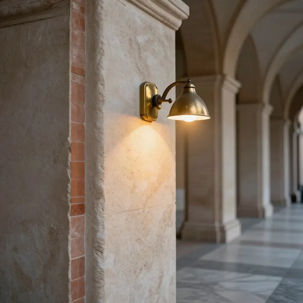 Dettaglio macro di un chiostro vaticano con travertino, ottone e luce soffusa al crepuscolo.