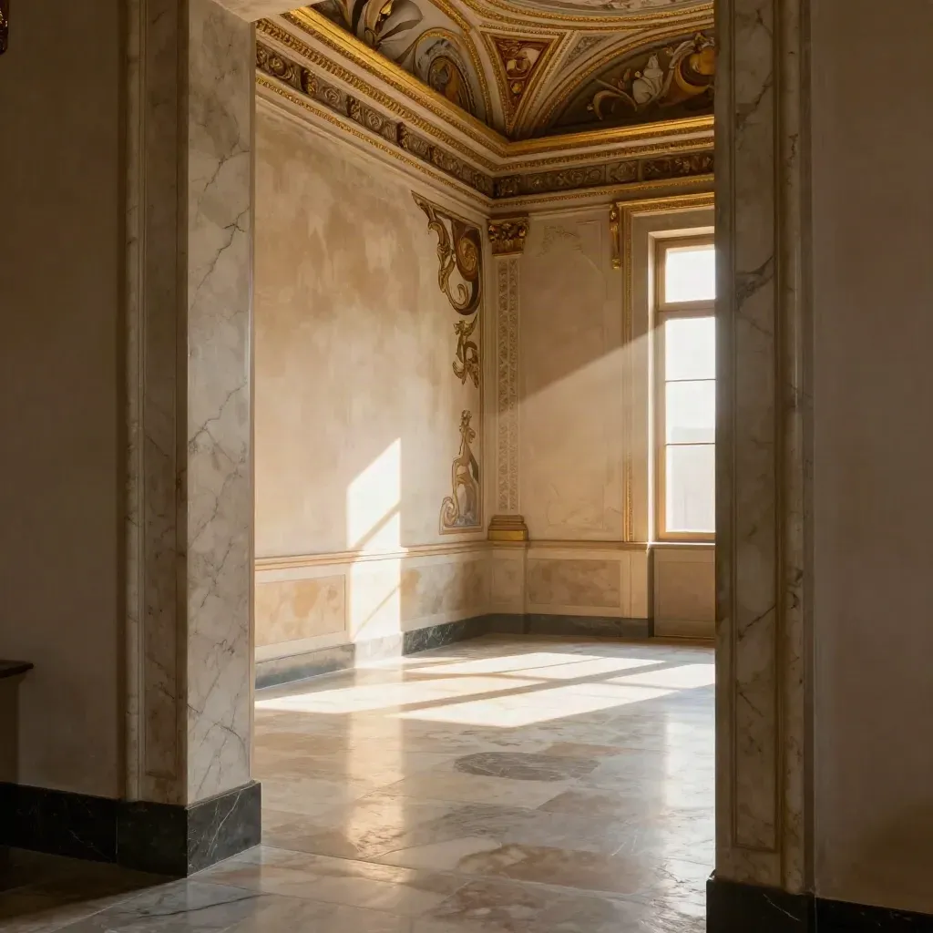 Ingresso delle Stanze di Raffaello con portale marmoreo, affreschi caldi e pavimento lucido