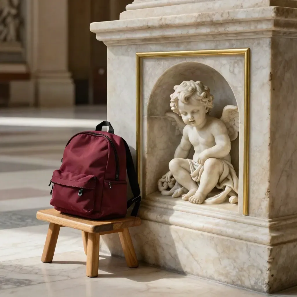 Angolo museo per bambini con zainetto borgogna e nicchia scultorea, luce calda.