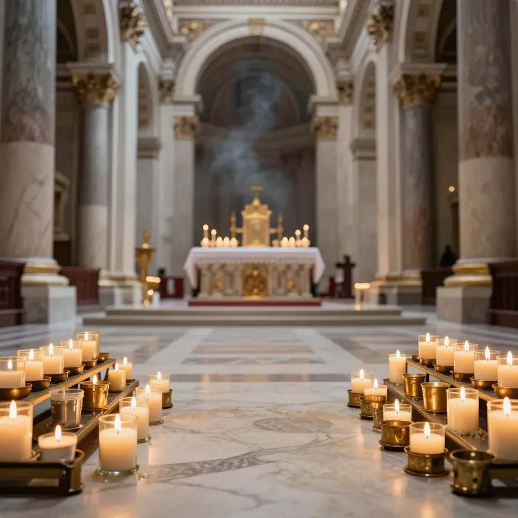 Navata basilicale romana con candele votive, colonne in marmo e altare illuminato