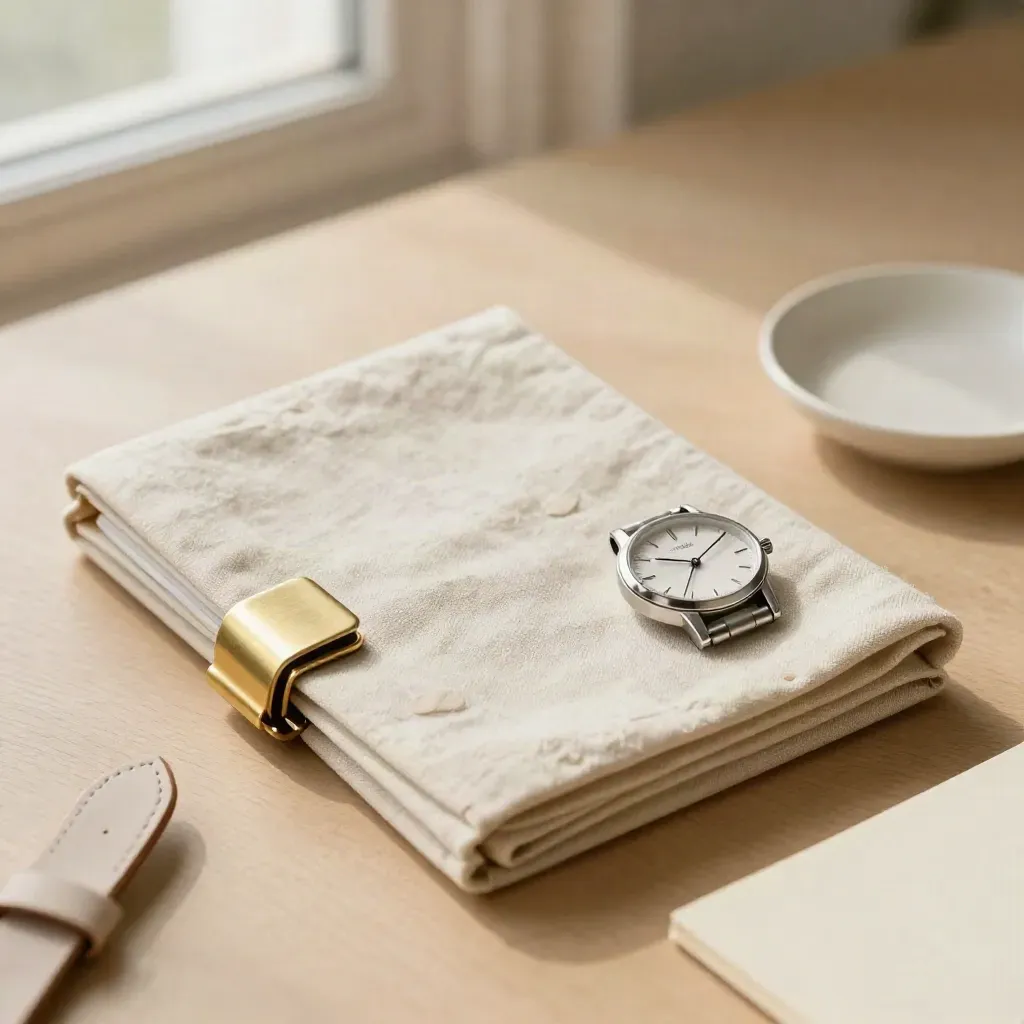 Fascicolo itinerario con chiusura in ottone, orologio e lino su legno chiaro.