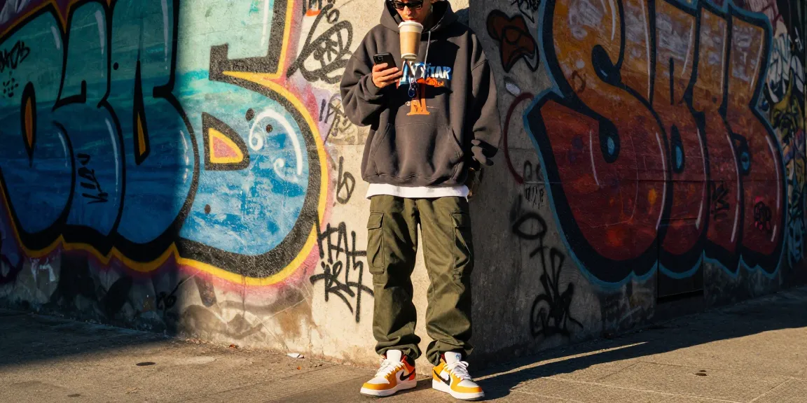 Felpa trapstar indossata con stile urbano in un ambiente grafico vivace.