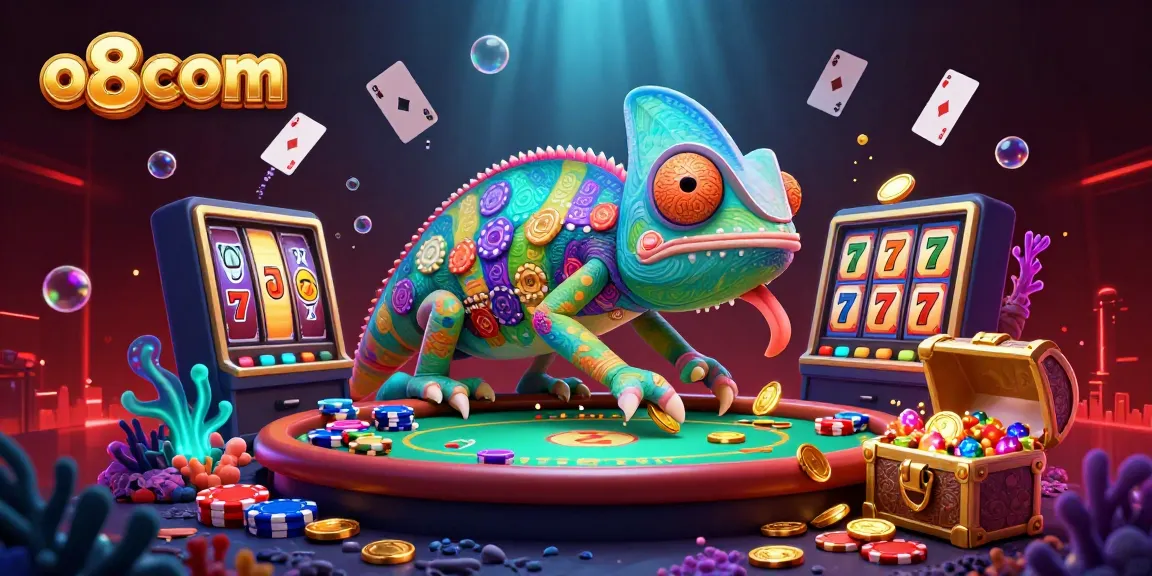 Play winning games at o8com, featuring a colorful chameleon casino owner surrounded by dynamic slot elements.