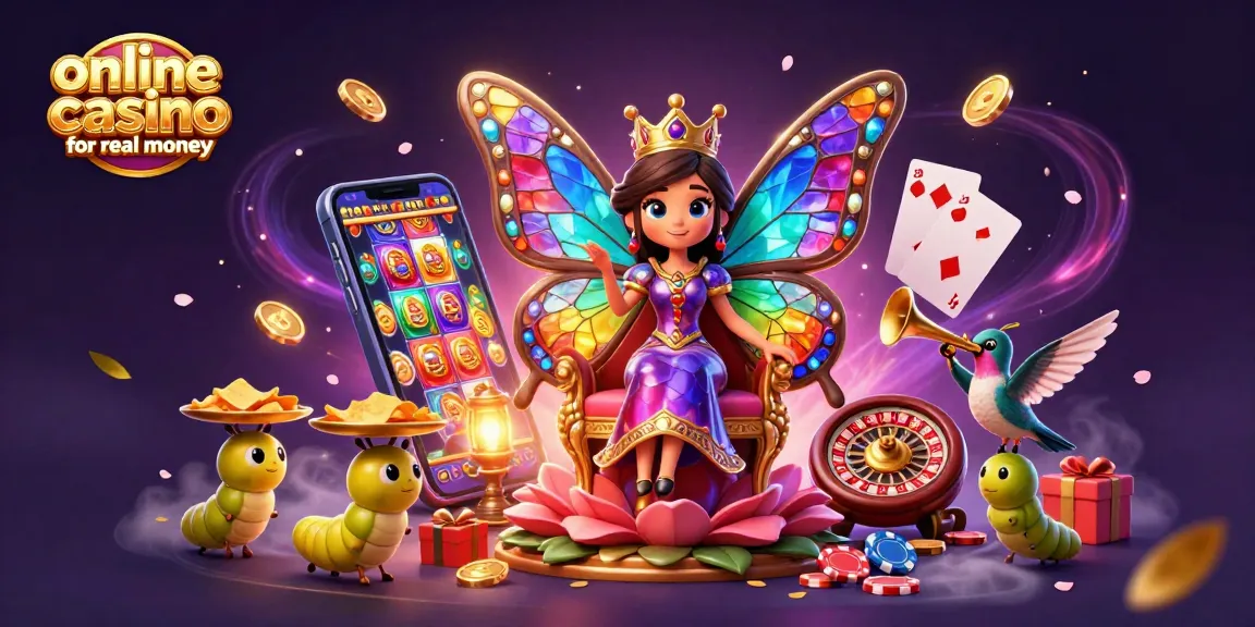 Engage with an online casino for real money scene featuring a butterfly queen surrounded by vibrant gaming elements and treasure.