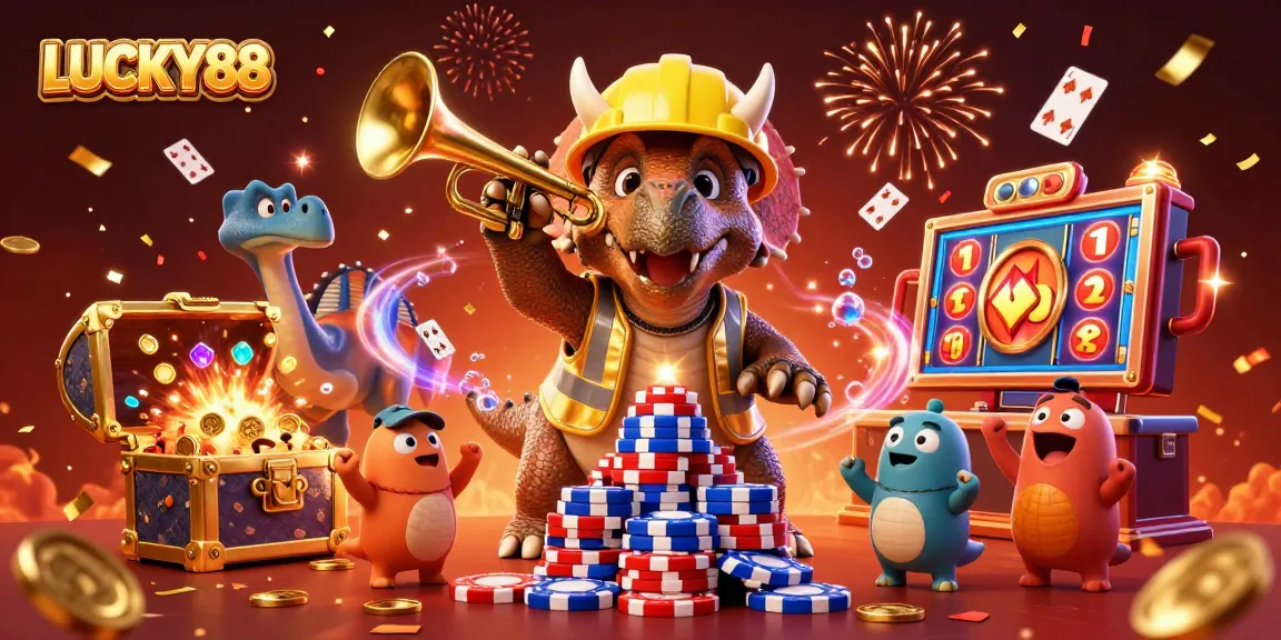 LUCKY88 triceratops builds poker chip pyramid amidst celebration in a vibrant casino scene.