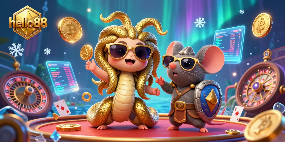 Experience thrilling gameplay at hello88 surrounded by a dynamic 3D scene of Medusa and a warrior mouse amidst vibrant casino elements.
