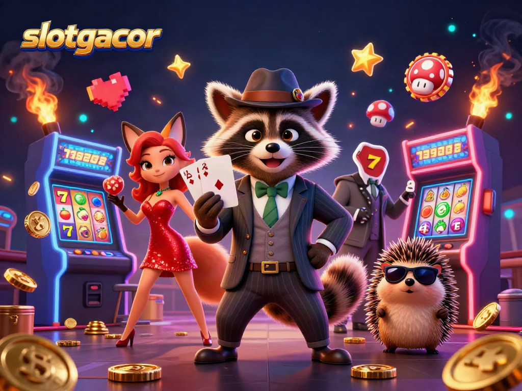 Experience exciting slotgacor action with raccoon, fox, and hedgehog in a vibrant casino adventure.