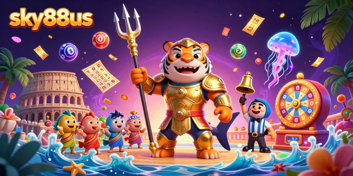 Engage with the thrilling underwater world of sky88us, featuring a tiger shark champion and vibrant gaming elements.