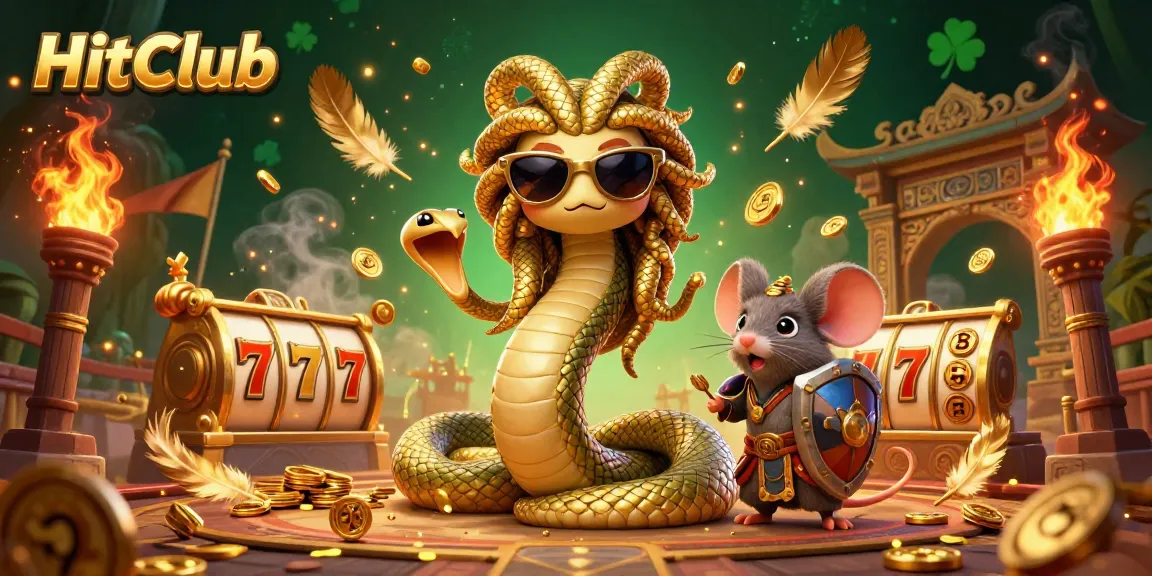 HitClub players enjoy a lively scene with a friendly Medusa and a warrior mouse surrounded by slot elements.