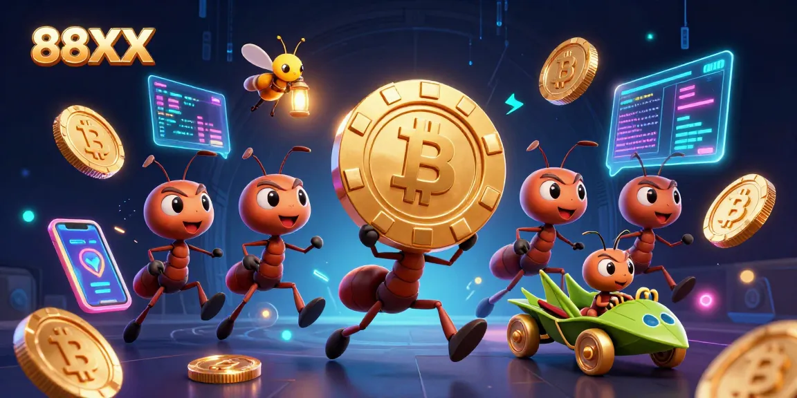 Join the exciting heist adventure with 88XX as ants transport a giant poker chip, amidst neon crypto coins.