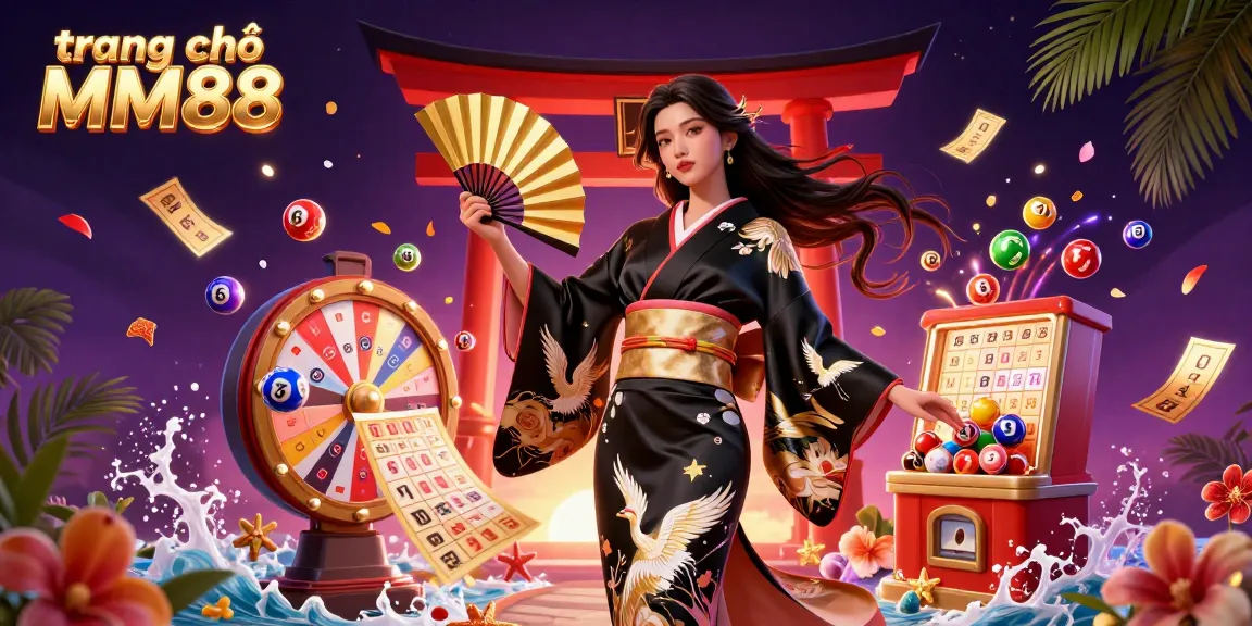 Experience the excitement on trang chủ MM88 with vibrant lottery balls and a stunning Asian character.