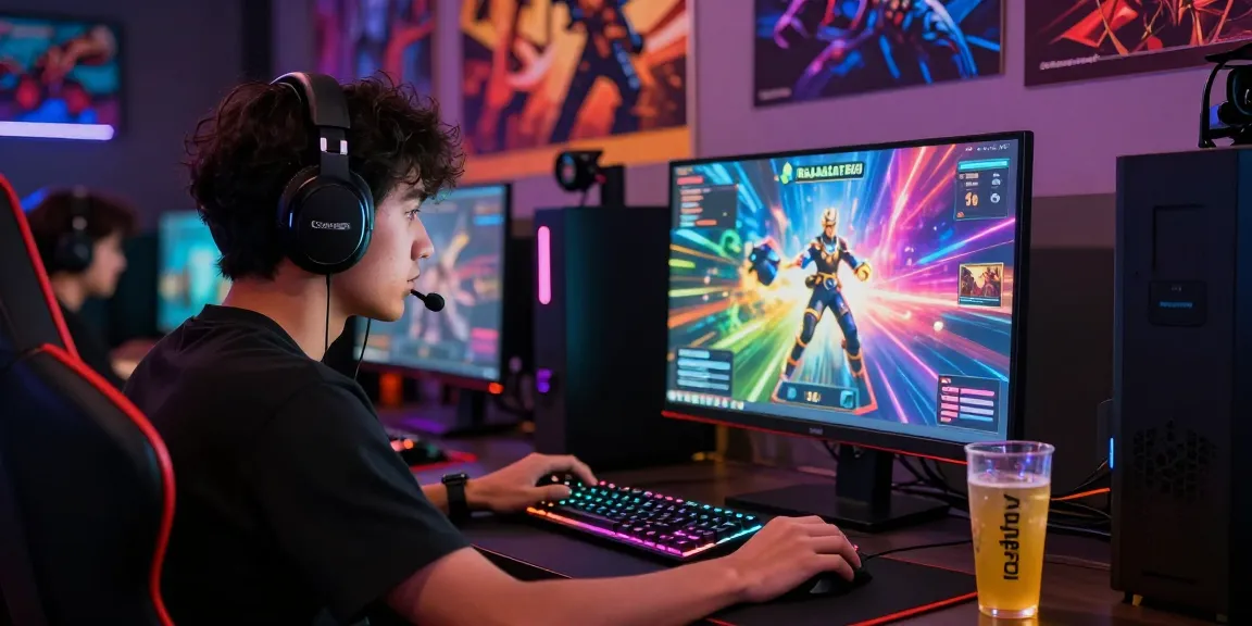 Rajaslot88 dengan gamer serius menggunakan headset, fokus di layar komputer.