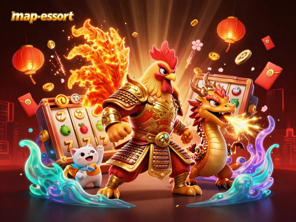 Win big with map-escort slot reels featuring fierce characters in an action-packed scene.