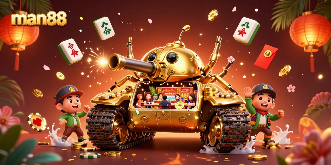 Join the excitement at man88 with a festive casino illustration featuring a golden beetle tank.