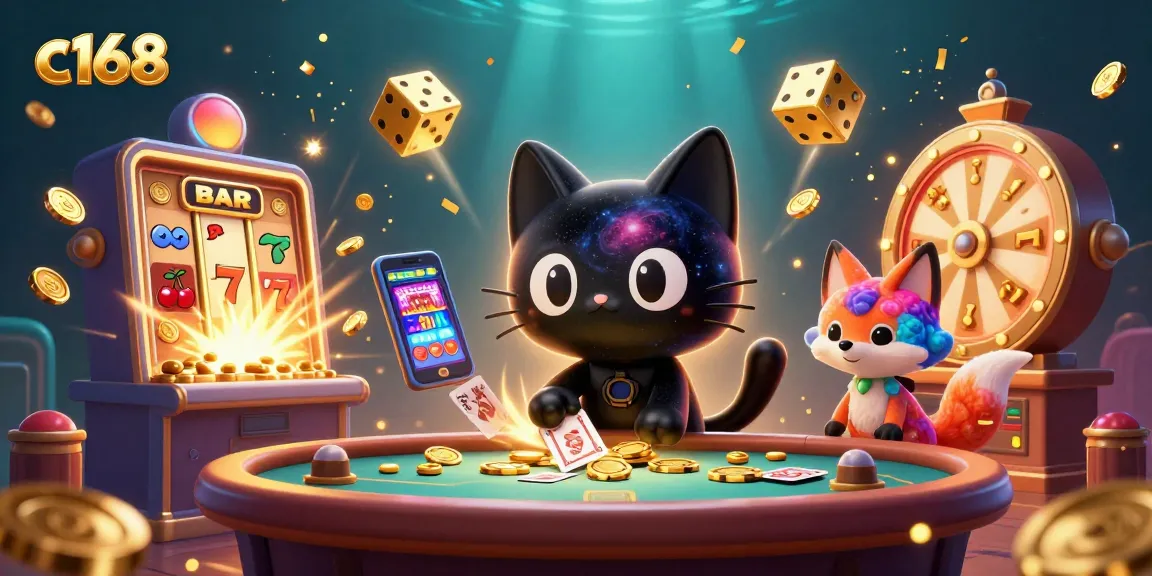 C168 players winning big at an exciting cosmic casino with animated characters and slot elements.
