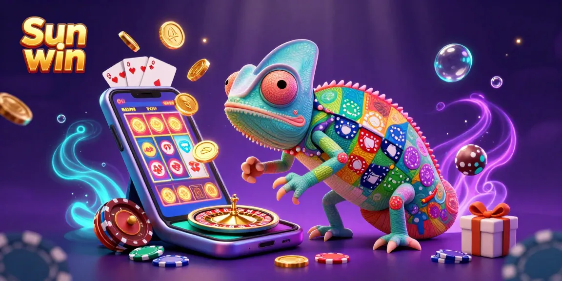 Engage with Sun win's casino environment, featuring a vibrant chameleon owner and dynamic game elements.