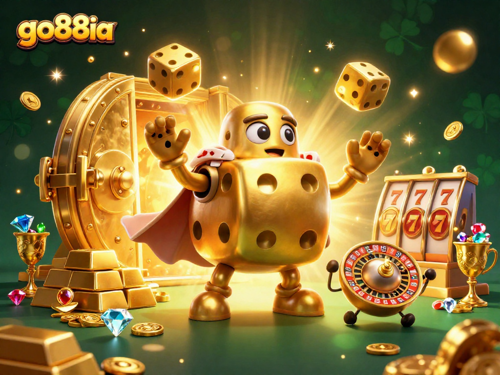 Engage in captivating slots action with go88ia's golden dice golem and vibrant casino elements.