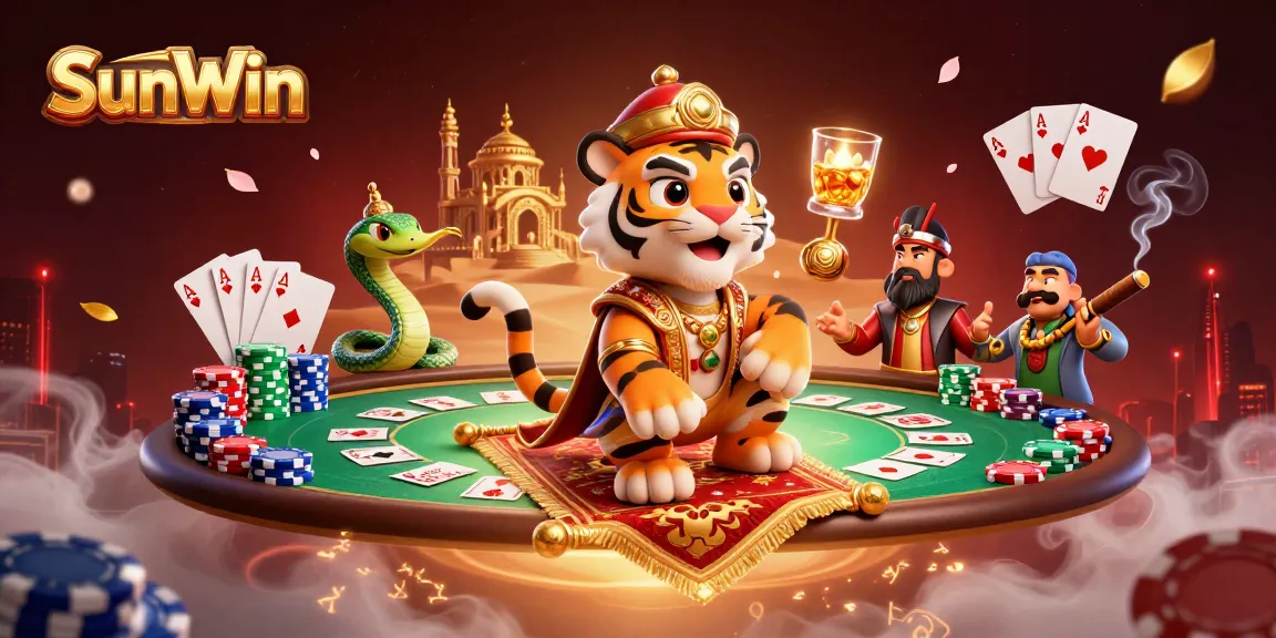 Engage in thrilling gameplay with SunWin's vibrant casino atmosphere featuring poker tables and excitement.