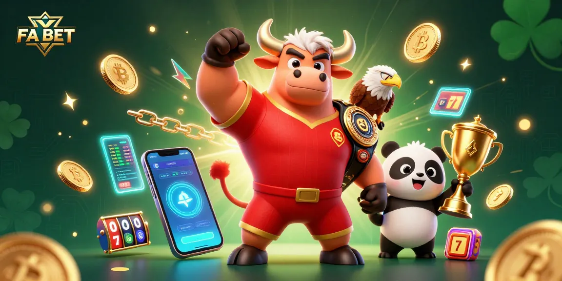Play slots and win with the FA BET casino, featuring a vibrant scene of champions and crypto bonuses.