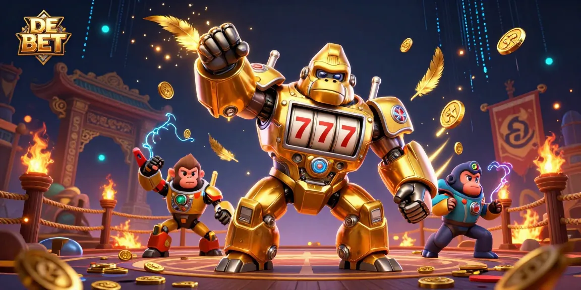 Engage with thrilling adventures at DE BET, as a golden gorilla mech punches through coins in an electrifying casino scene.