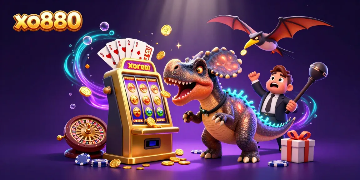 Experience the excitement of xo880 with a pachycephalosaurus jackpot scene, golden coins flying in a vibrant casino.
