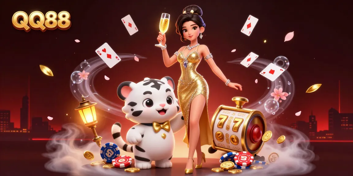 Experience thrilling gameplay at QQ88 with glamorous casino elements and a lucky tiger companion.