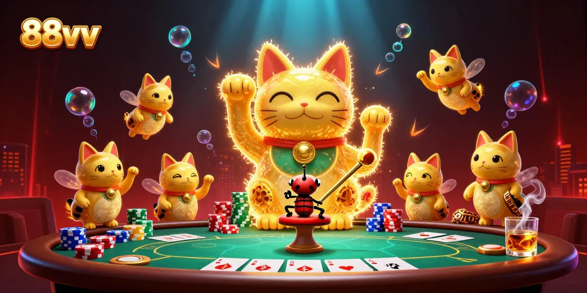 Experience lucky wins with 88vv's dynamic casino adventure featuring a waving lucky cat.