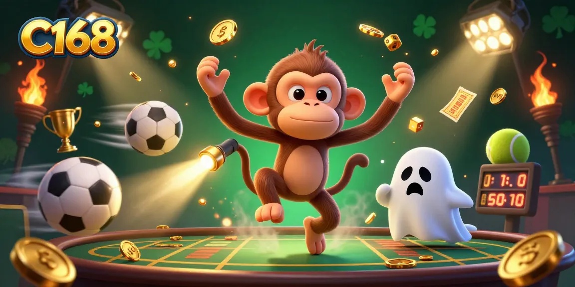 Experience C168's vibrant casino atmosphere with a playful ghost-juggling monkey and a curious puppy.
