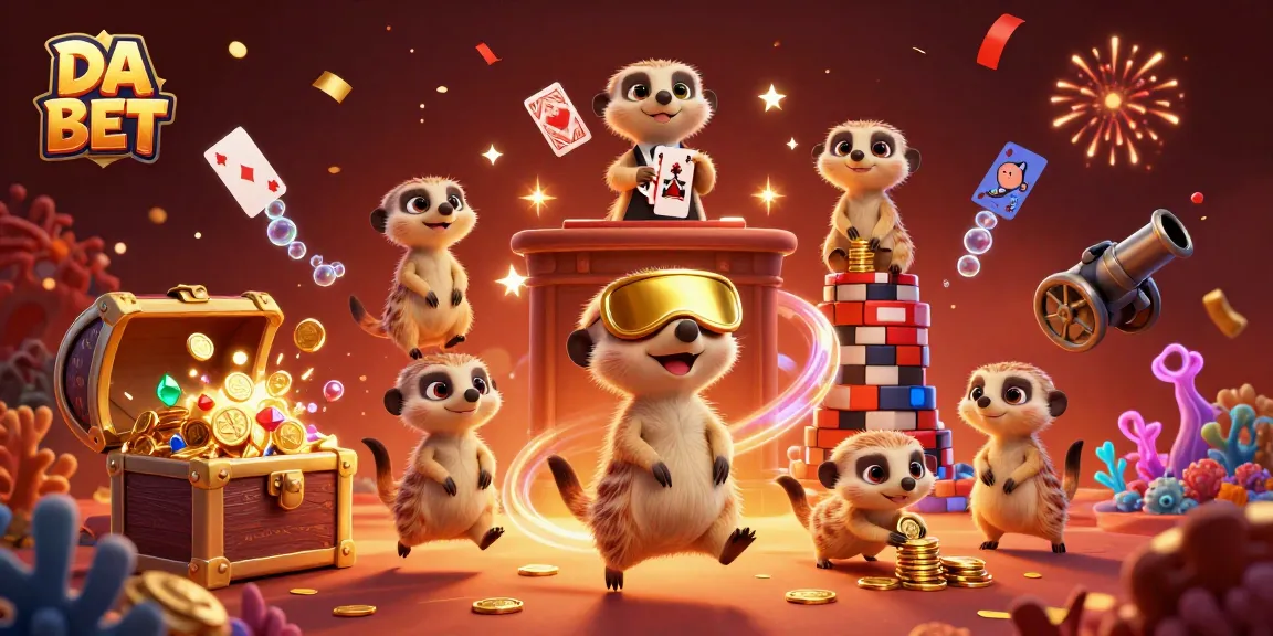 Experience the excitement of DA BET's casino with charming meerkats managing games and treasure.