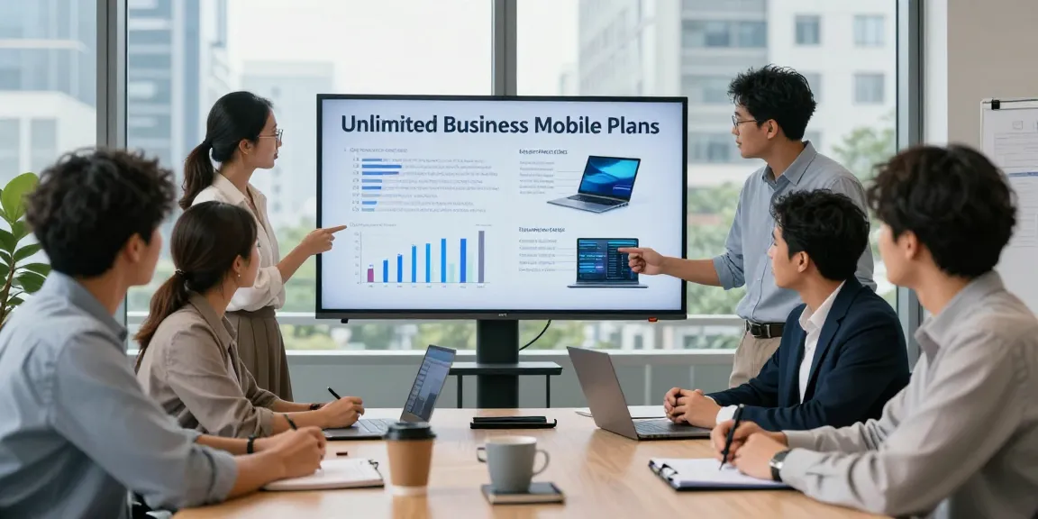 Team discussing unlimited business mobile plans in a modern office