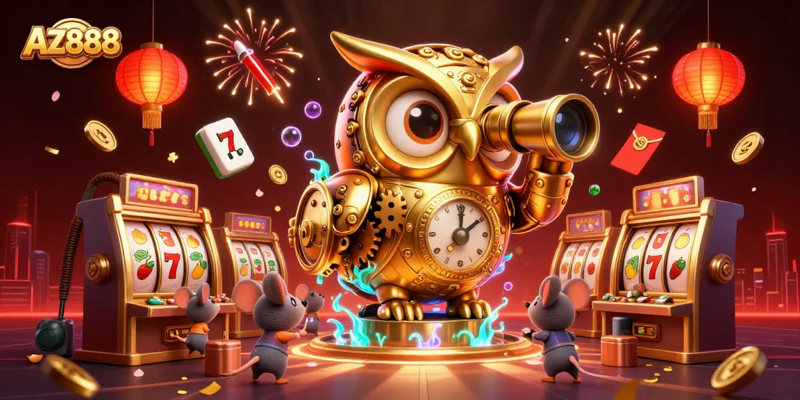 Experience the excitement of AZ888 with a vibrant illustration of a golden owl and whimsical mice at a lively casino.