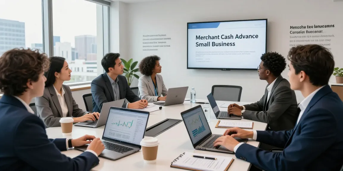 Team discussing merchant cash advance for small business strategies in a modern office.