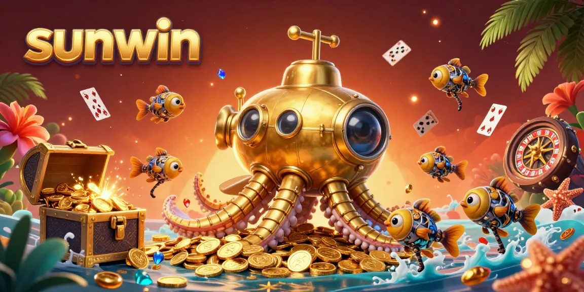 Win big with sunwin’s 3D cartoon kraken submarine exploring a vibrant treasure-filled underwater casino.
