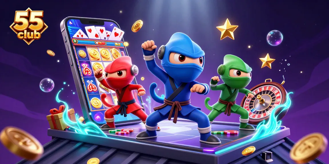 Experience 55 club's thrilling games with our vibrant chameleon ninjas in action!